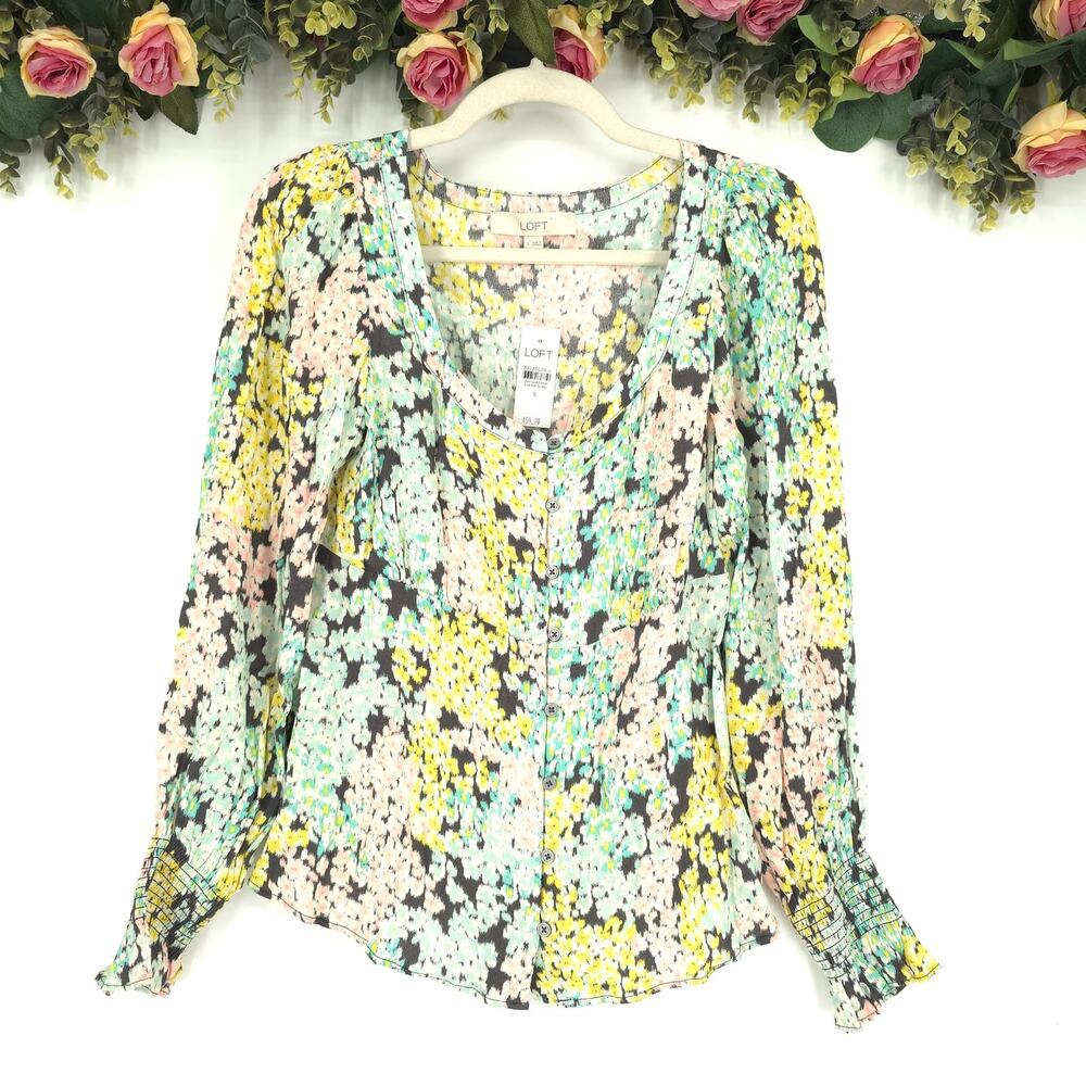LOFT Floral Garden Smocked Cuff Long Sleeve Blouse Size Small NWT